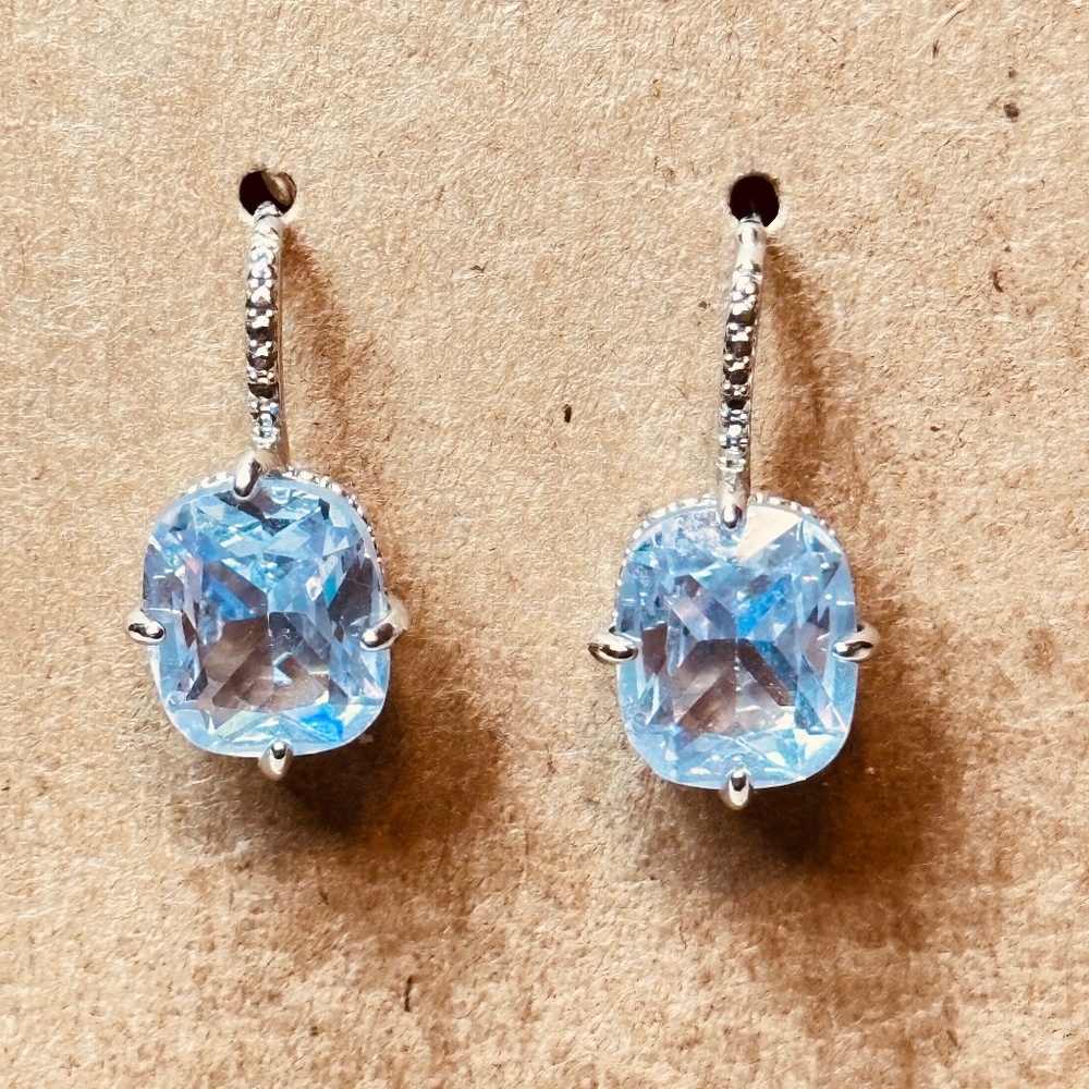 Silver Tone Earrings w/Oval Lab Created Pale Blue Stones NWOT - Picture 1 of 13